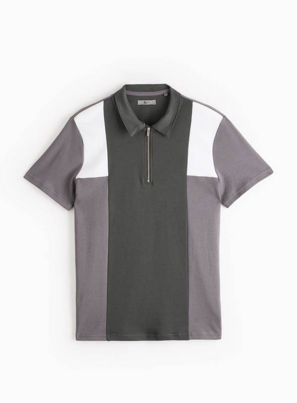 Grey Colour Block Zip Polo Shirt S